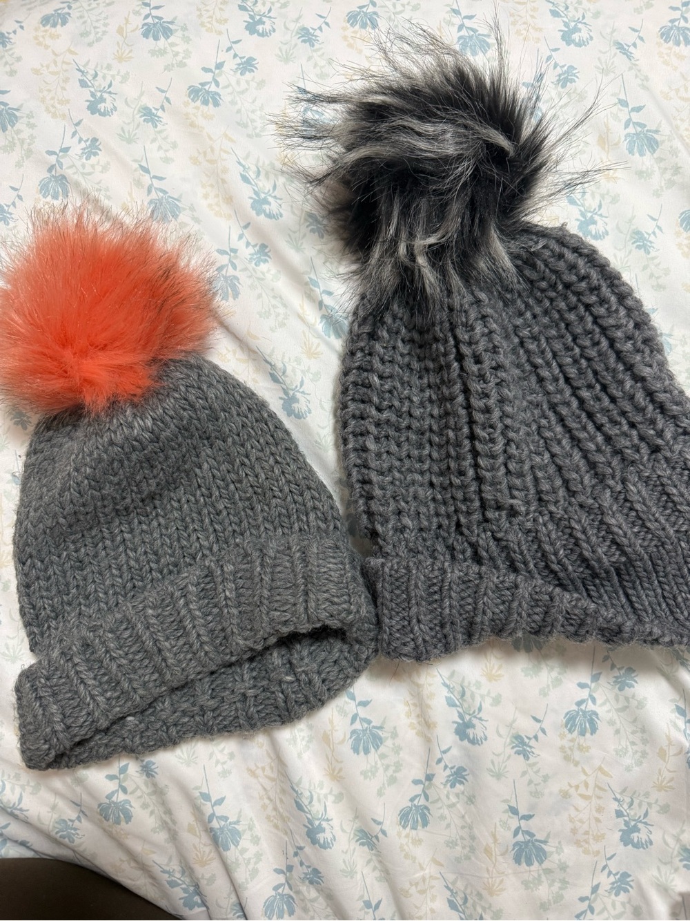 Express Gray Knit Beanie Hats with Orange and Black-Silver Faux Fur Poms